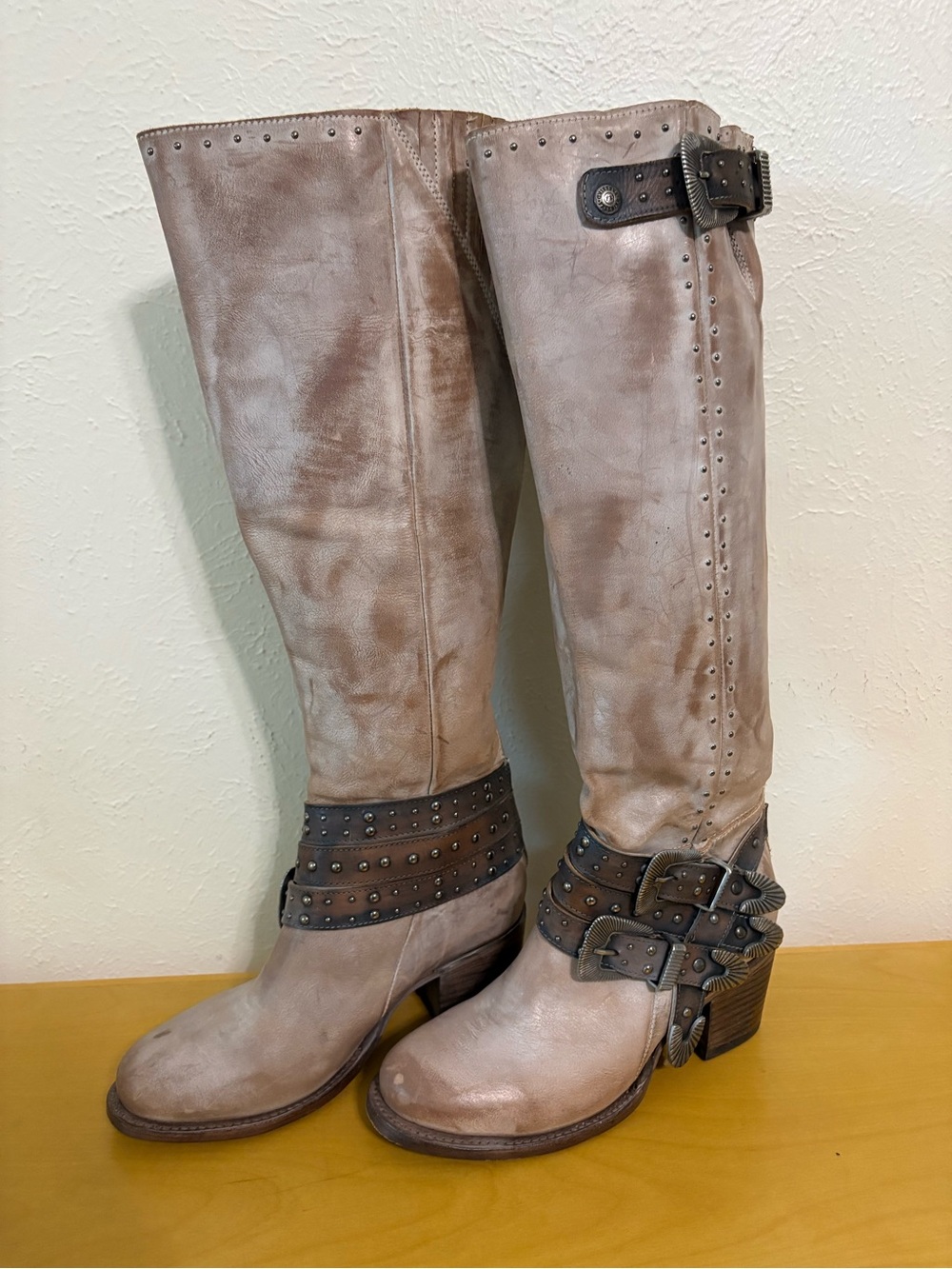 FreeBird ‘Cleo’ Harness Studded Knee-High Tall Beige Leather Boots, Sz-8